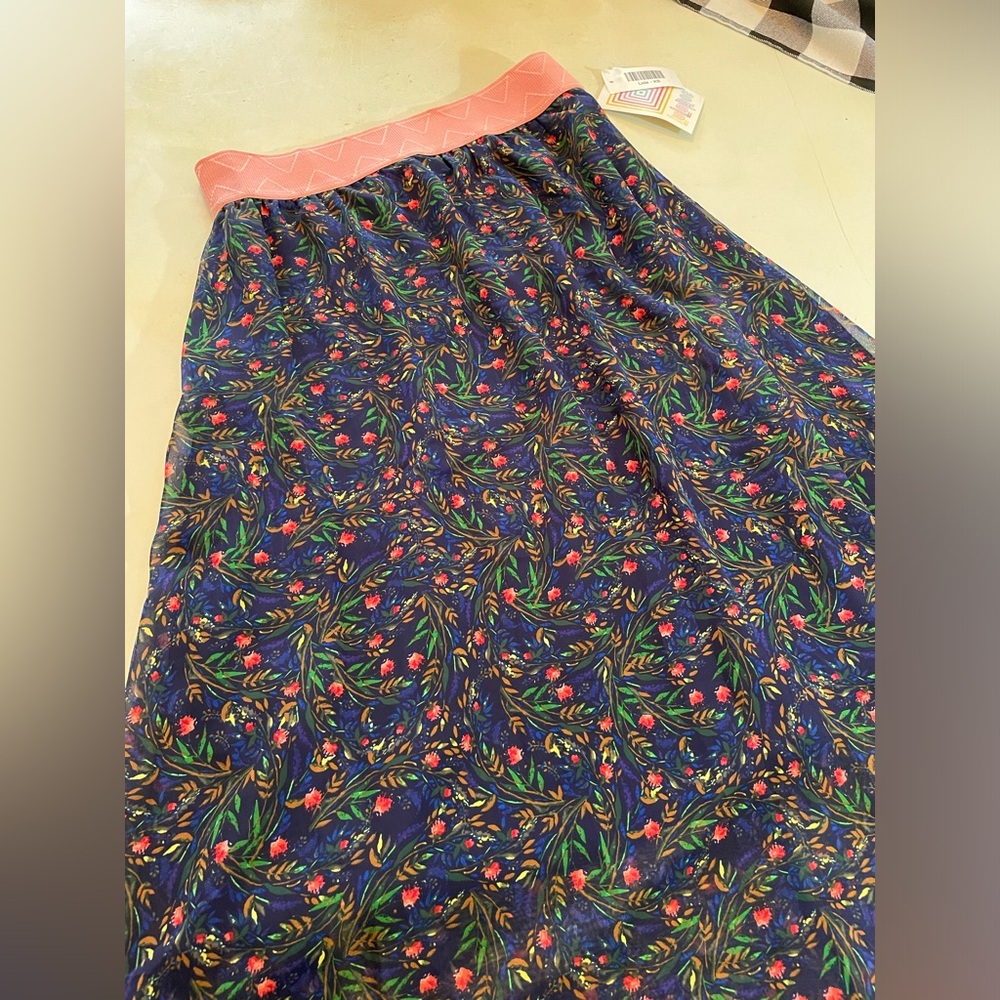 LuLaRoe Navy Floral Maxi Skirt with Coral Waistband